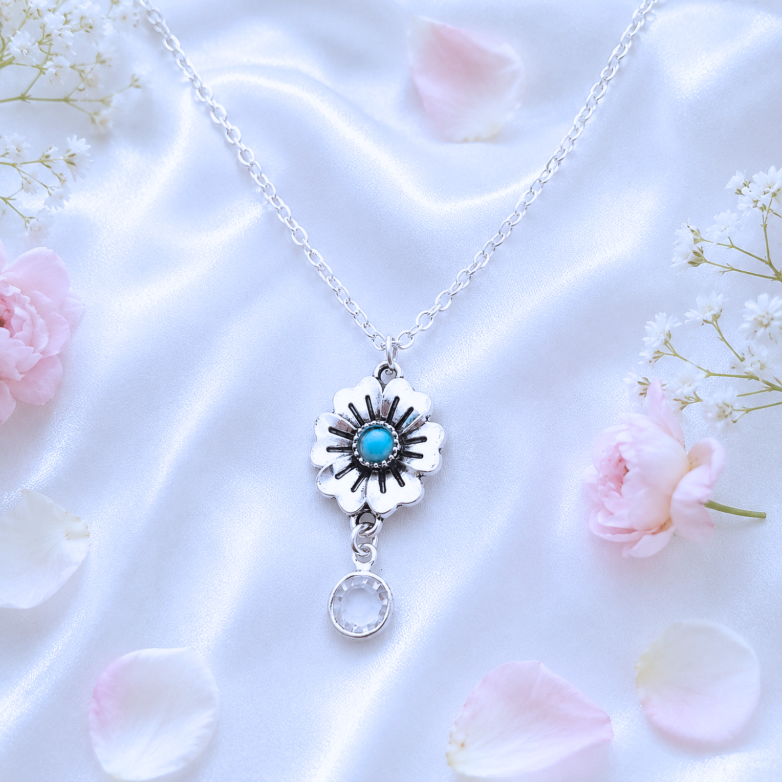 Necklace Flower silver floral pendant Charm birthstone Garden jewellery Boho Bff