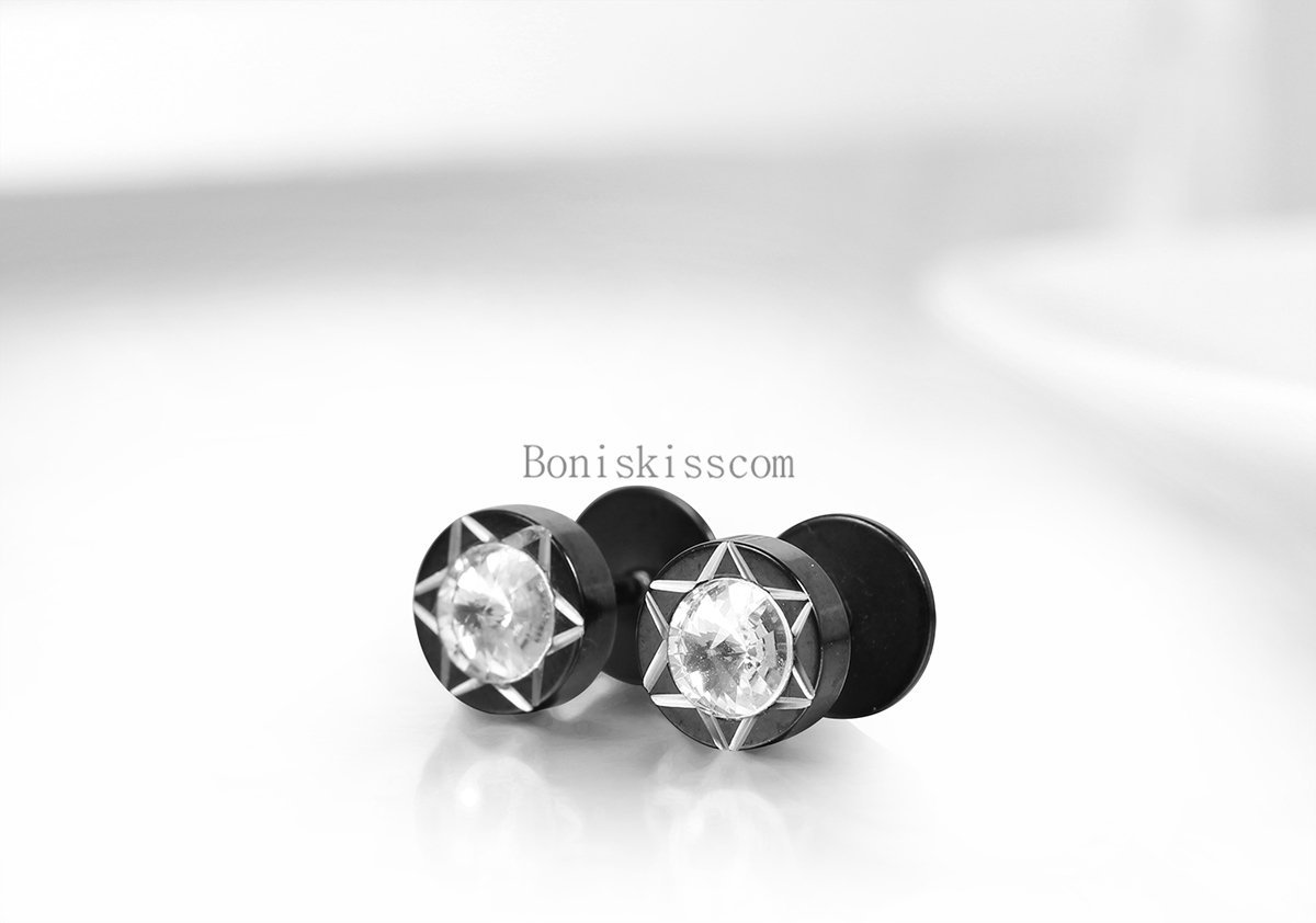 2Pcs 8MM Round Black Stainless Steel Hexagram Dumbbell Stud Earrings Mens Womens
