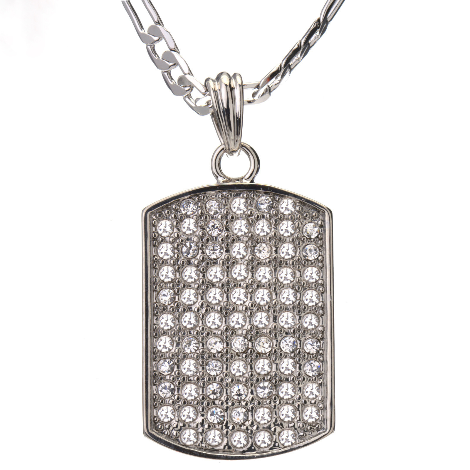 Mens Iced Dog Tag Hip Hop w/ 5mm 24″ Figaro Chain Pendant Fashion Necklace Set