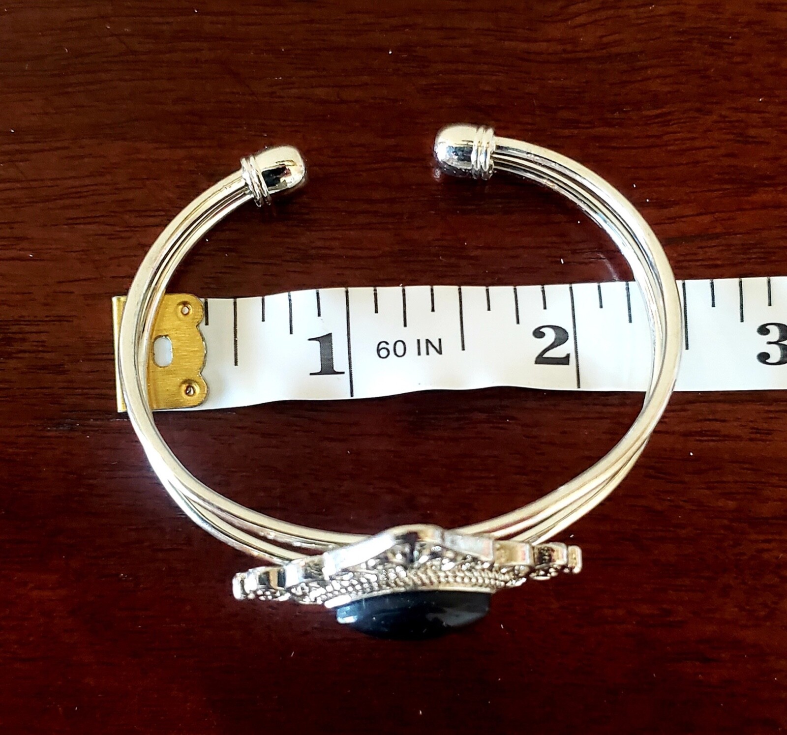 Toni Silvertone Genuine Black Onyx Open Cuff Bracelet 7×15 mm Women Adjustable