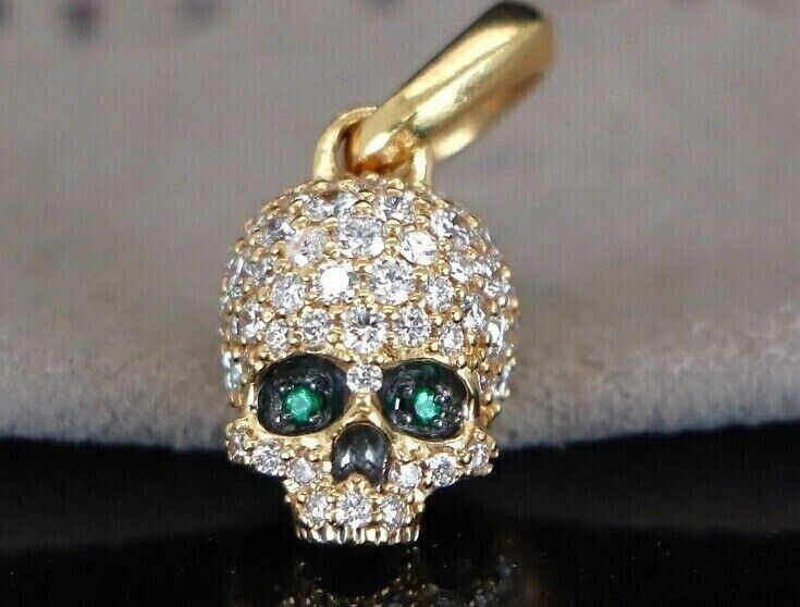 3.20CT Round Simulated Emerald Diamond Skull Head Pendant 14k Yellow Gold Plated