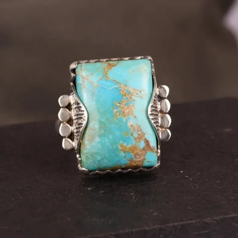 Boho 925 Sterling Silver Elegant Charms Vintage Turquoise Charms Ring Size 9