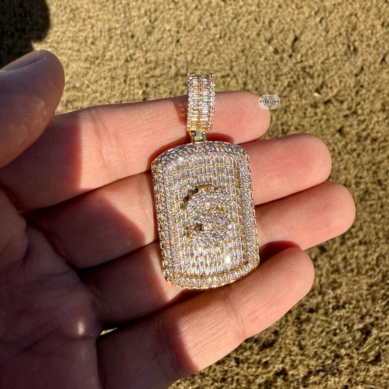 14k Gold Plated Iced Money Dog Tag Hip Hop Mens Pendant + Steel Rope Chain