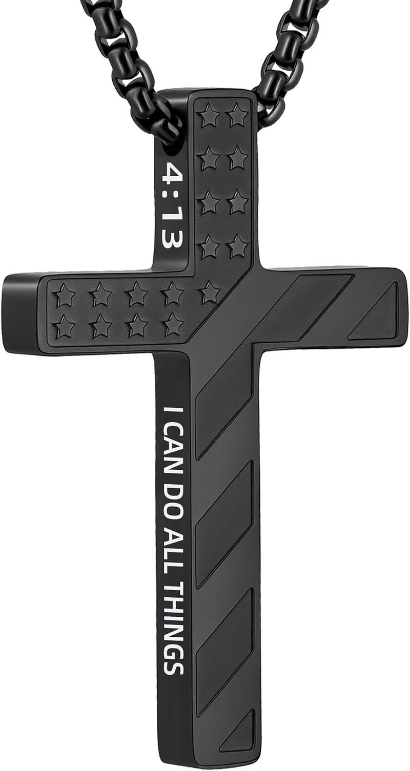 Cross Necklace for Men Black Gold Silver American Flag Pendant Chain Bible Verse