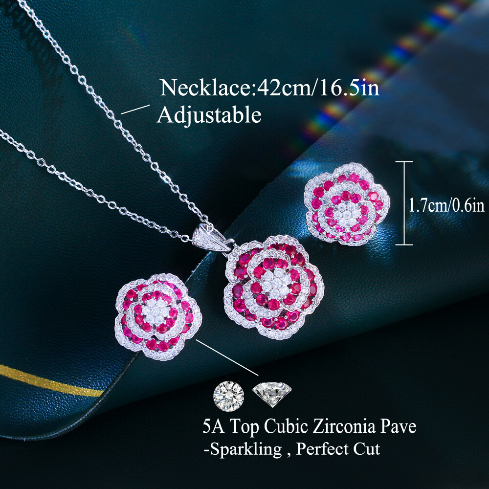 Flower Necklace Earrings Set Silver Plated Fashion Brand CZ Women Party Jewelry