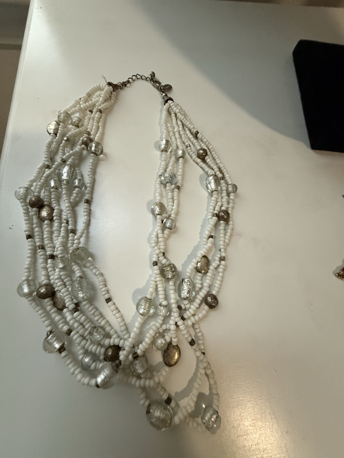 White & Silver Multi-Strand Glass Beaded Statement Necklace, Lobster, Adj.