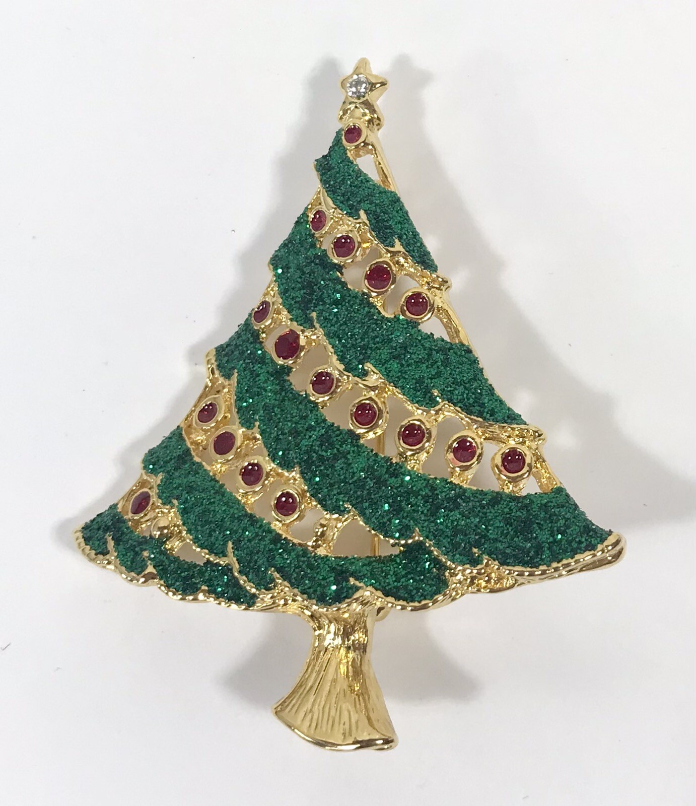 Christmas Tree Brooch Pin Gold Tone Green Sparkles Red Ornaments 2.25 Inches
