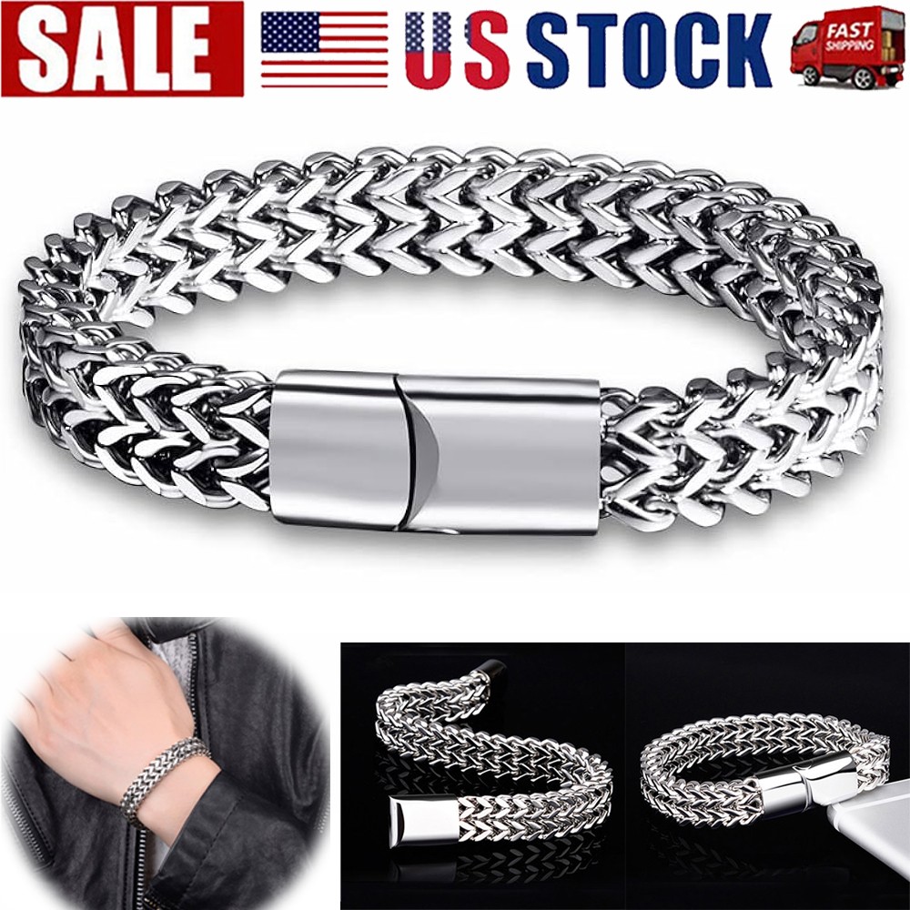 Silver Bracelet for Men Franco Chain with Bayonet Clasp Mens Bracelet Stainless