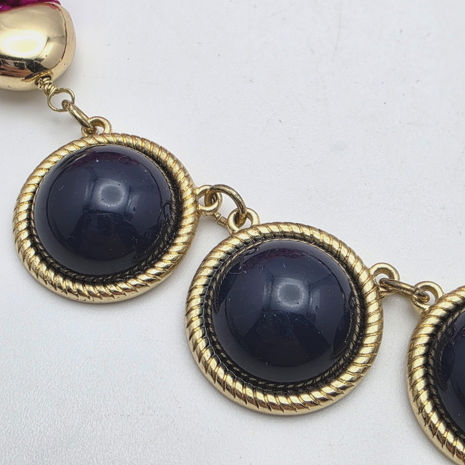 Talbots Fuchsia Seed Bead Braided Bib Necklace Navy Cabochon Gold Tone 21 in