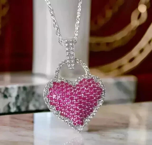 2Ct Round Lab Created Pink Sapphire Heart Pendant 14K White Gold Plated 18″Chain