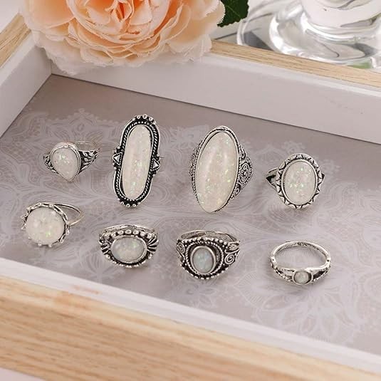 8 Piece Set White Opal Rings Jewelry Stone Alloy Steel Carved Bohemian Fairygoth