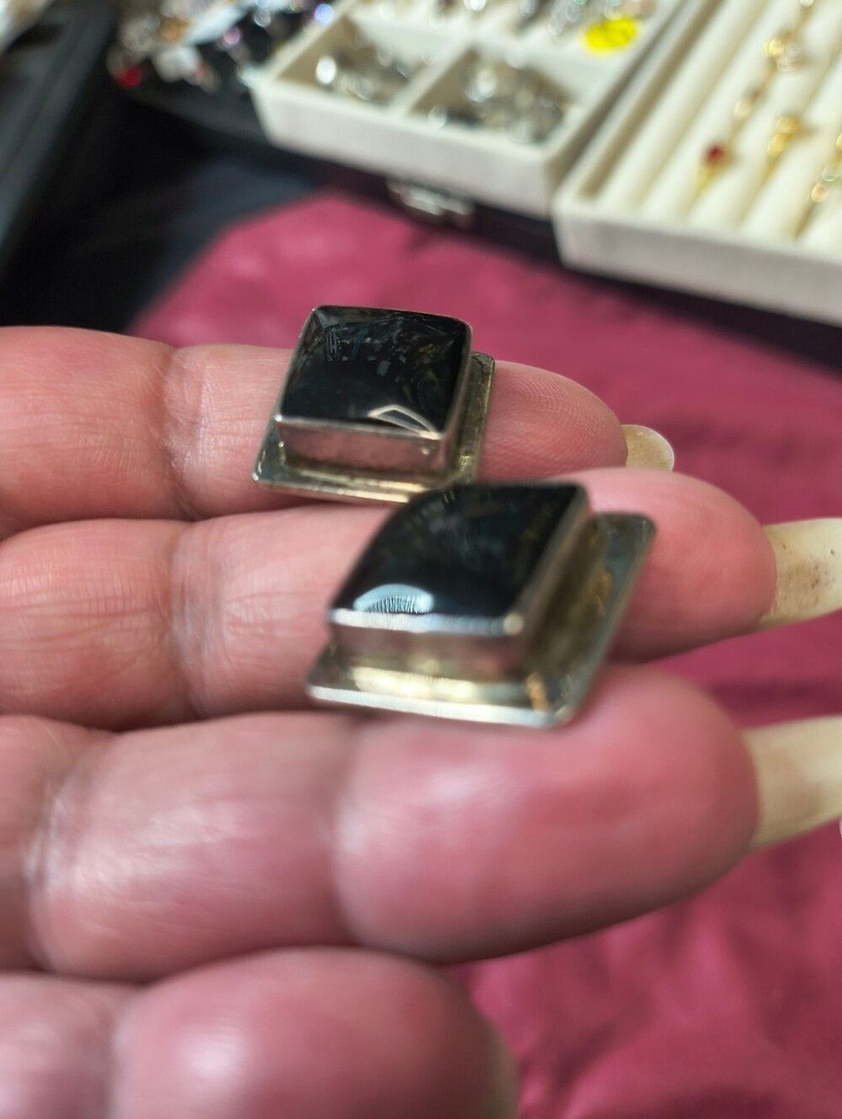 Vintage Sterling Silver Black Onyx Square Stud Earrings Signed Artisan 16g