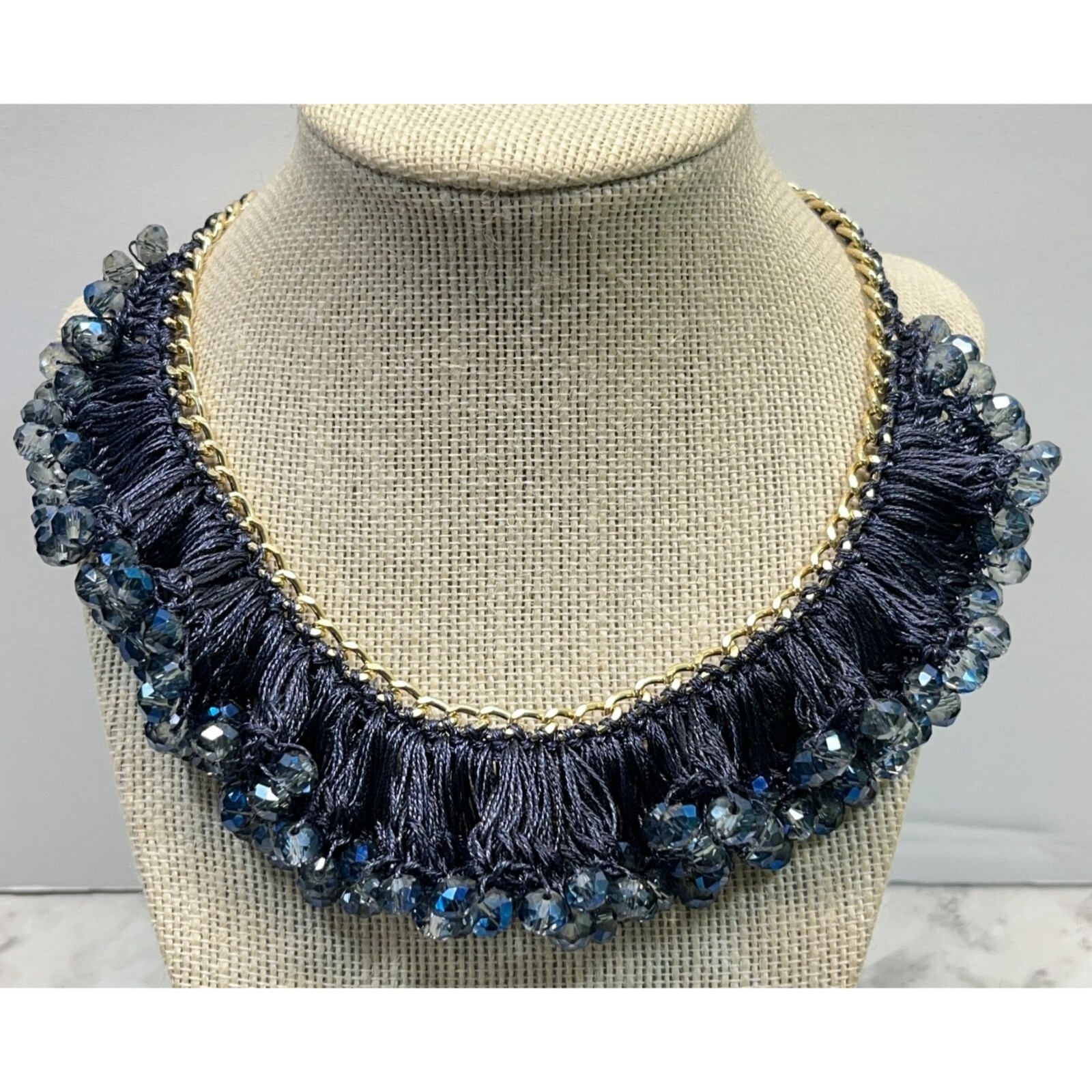 Vintage Blue Beaded Necklace Choker Crochet Bib Silver Tone 14″ Long