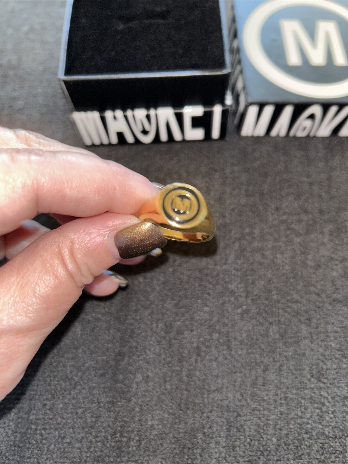 Monogram M Initial For Chinatown Market Gold Tone Ring Unisex Sz 8 New