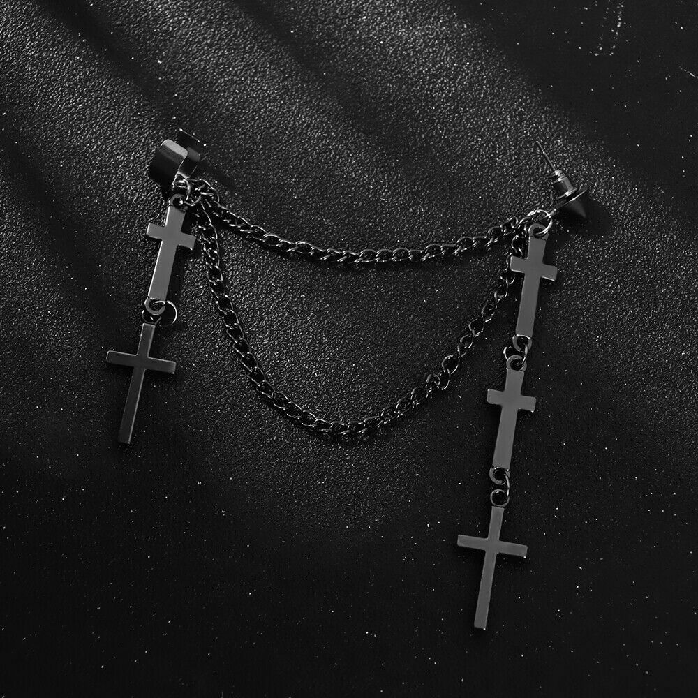Gothic Punk Cuff Dangle Drop Cross Earrings Long Chain Stud Tassel Earrings P29