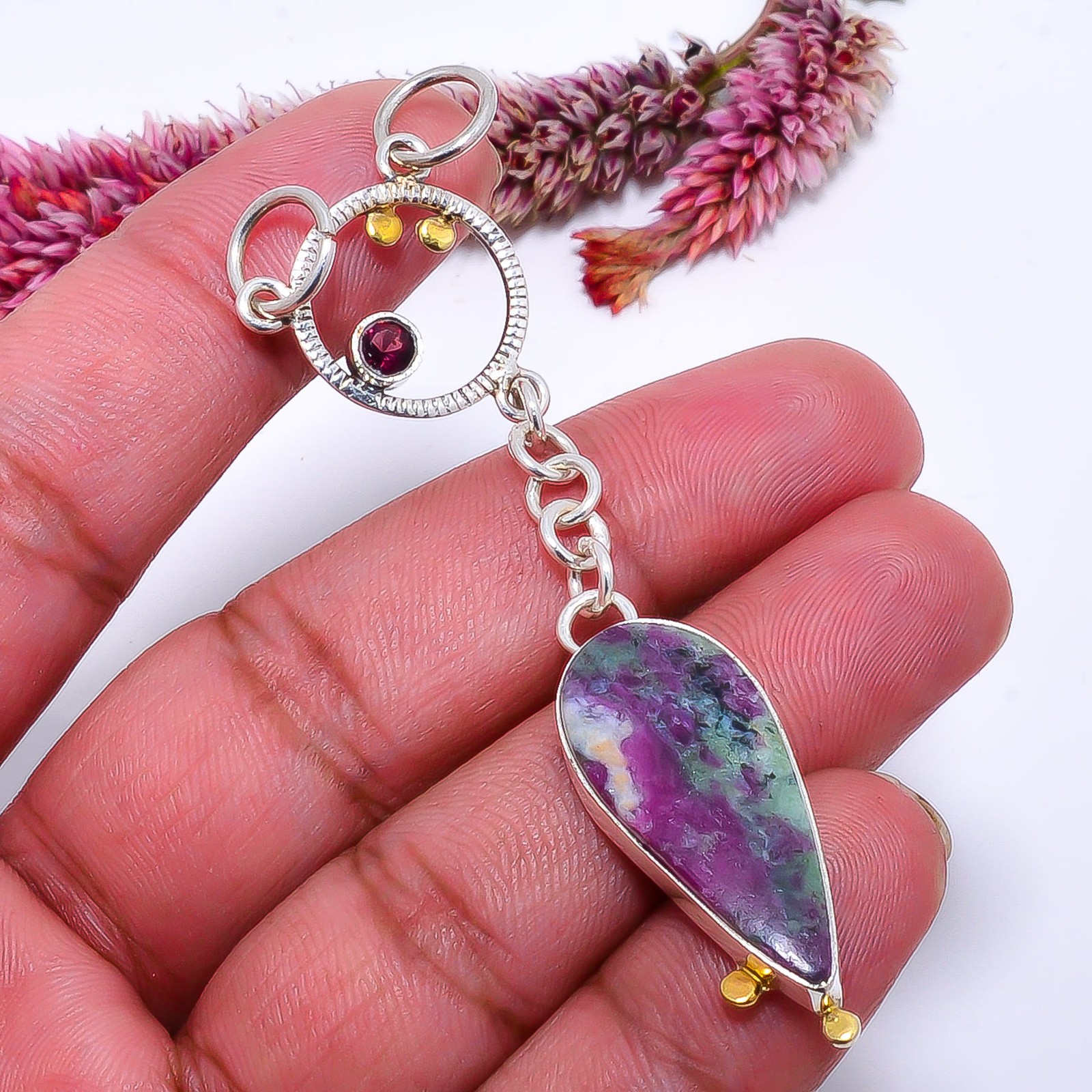 Ruby With Zoisite & Red Garnet 925 Silver Two Tone Pendant 2.85″ P10371114658