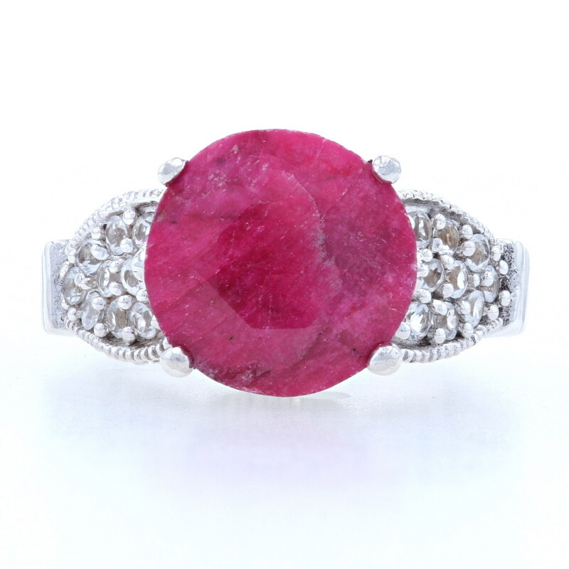 Sterling Ruby & White Topaz Ring – 925 Round Slice Cut 2.20ctw Milgrain Size 7