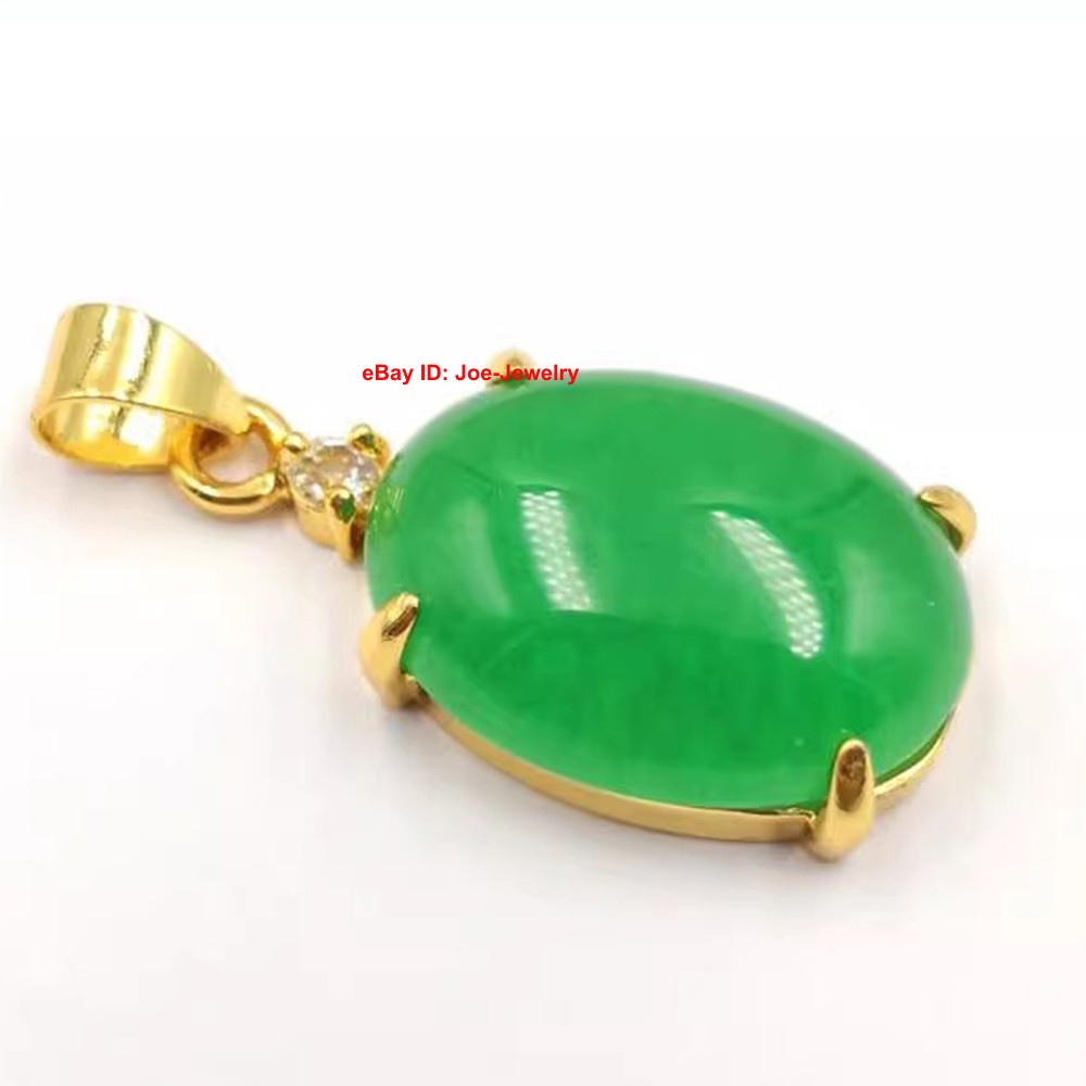 Yellow Plated Alloy Heated Oval Green Jade Pendant Vintage Chinese Style 33mm H