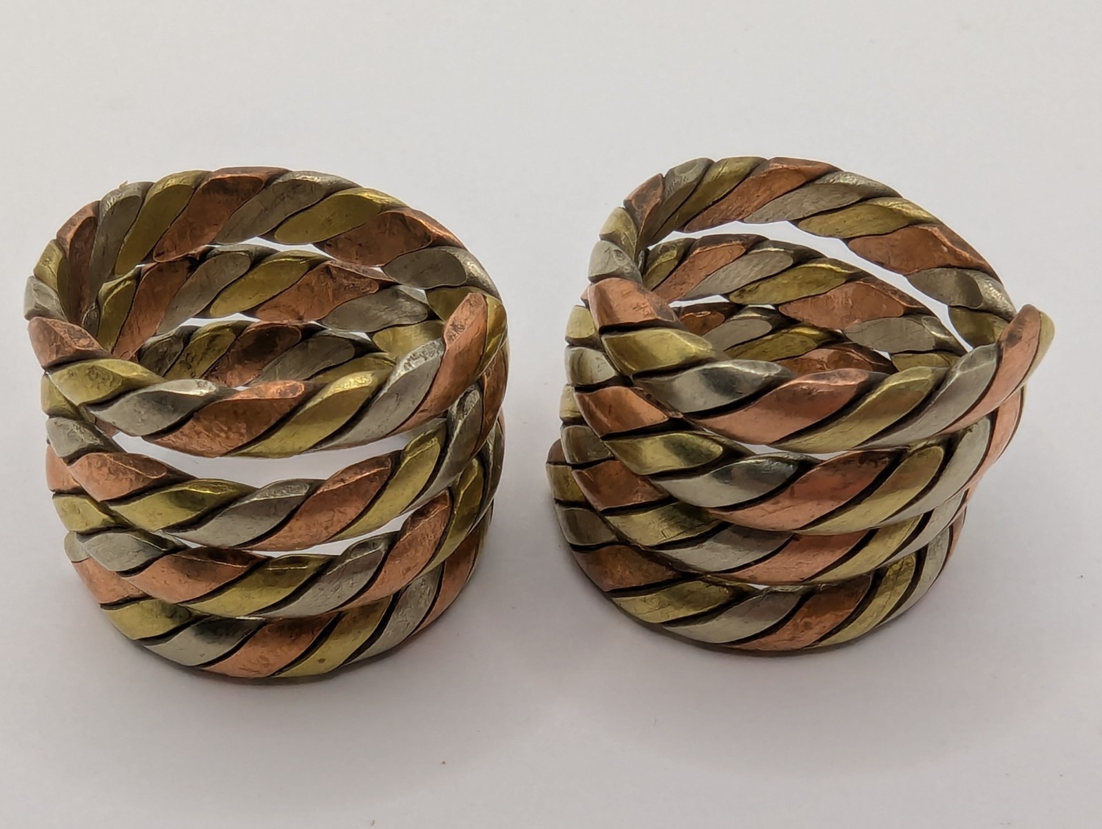 Tibetan Three Metal Coil Rings. Brass, Copper & Silver Tone Metals. Pair Of 2