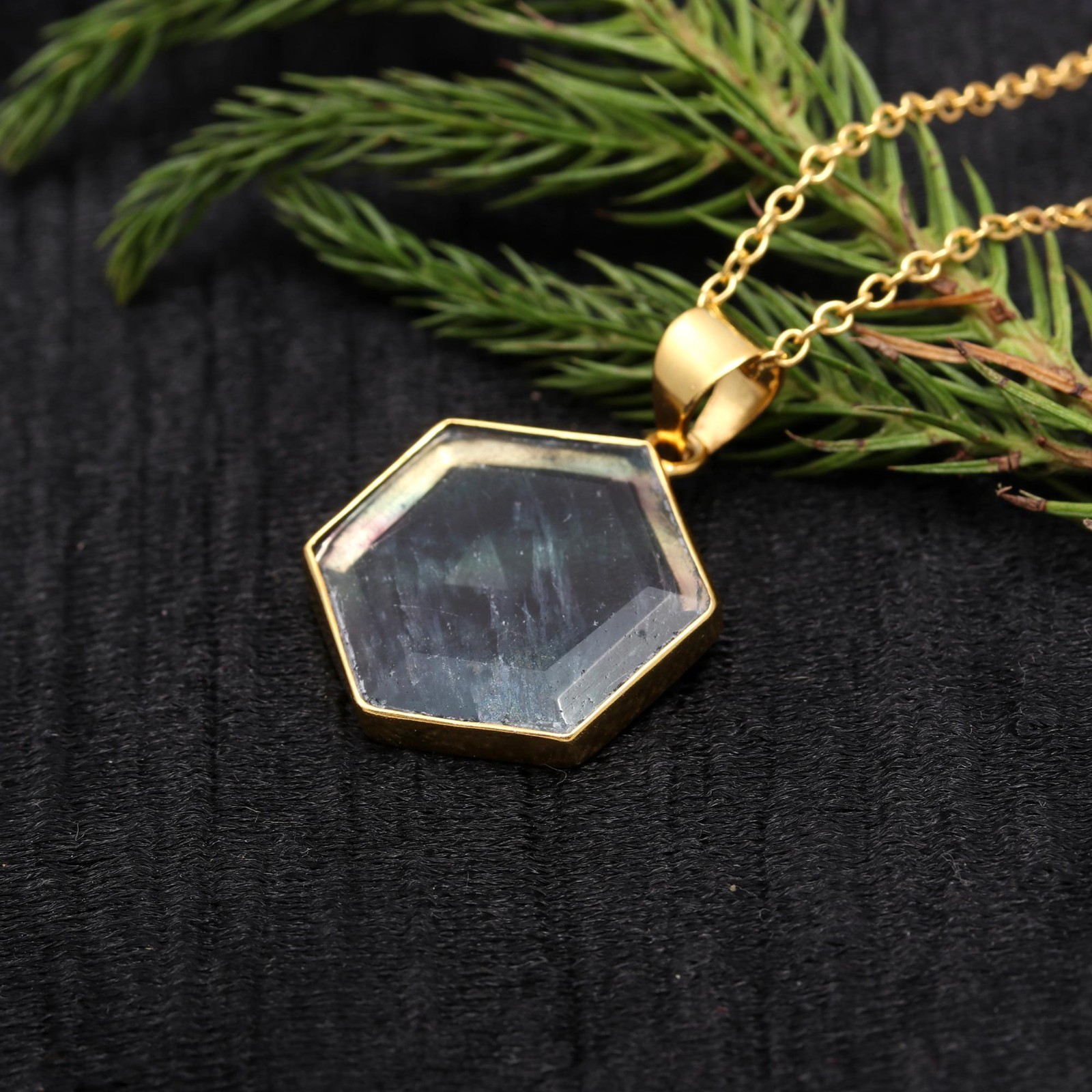 Natural Fluorite Hexagon Necklace Gold Plated Solid Silver Handmade Jewelry