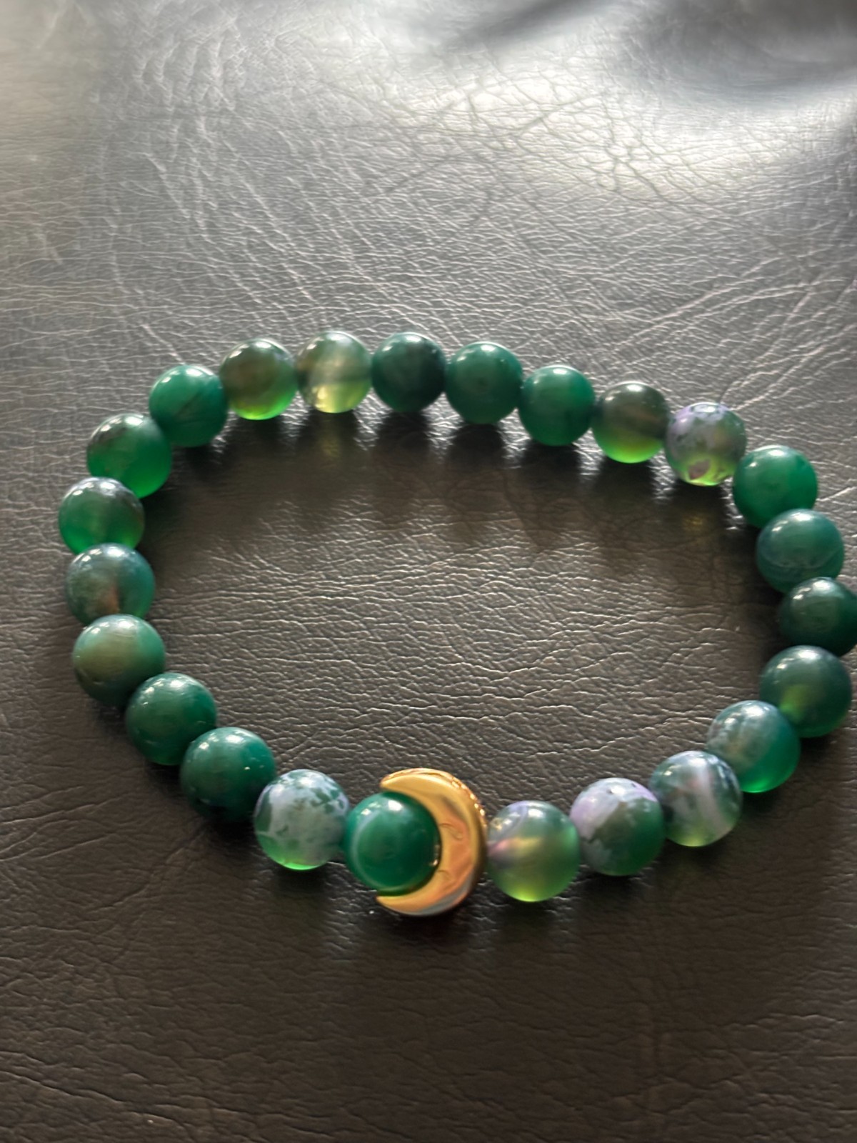 Green Agate Crescent Moon Beaded Bracelet