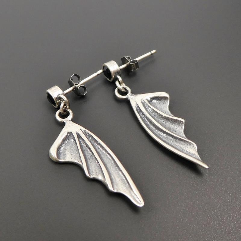 Handmade Black Crystal 925 Sterling Silver Bat Wing Drop Earrings Unique Gothic