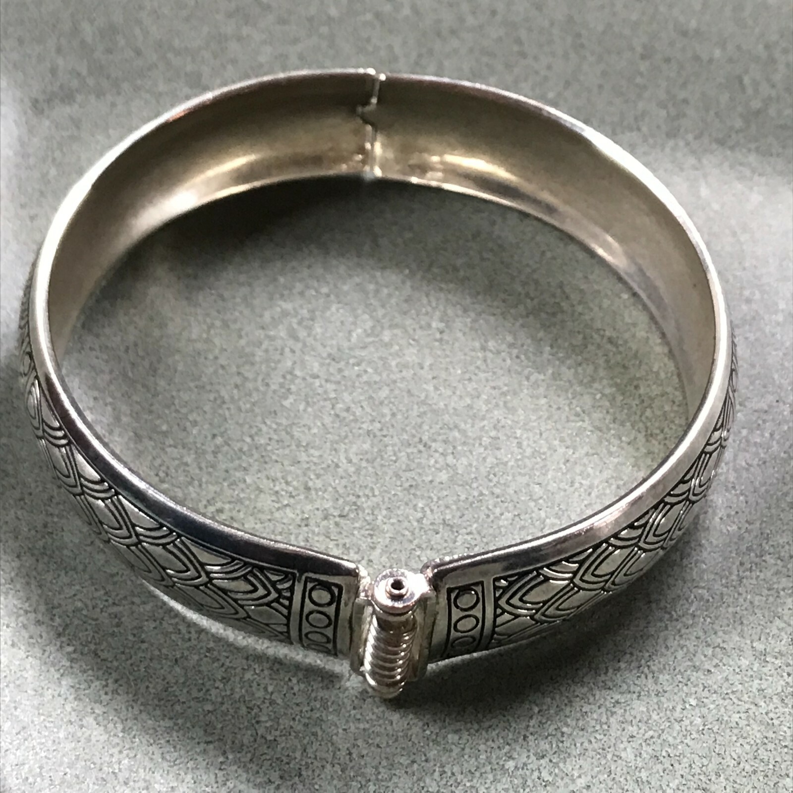 Estate Etched w Black Silvertone Hinged Bracelet – 2 and 3/8th’s inches in diame