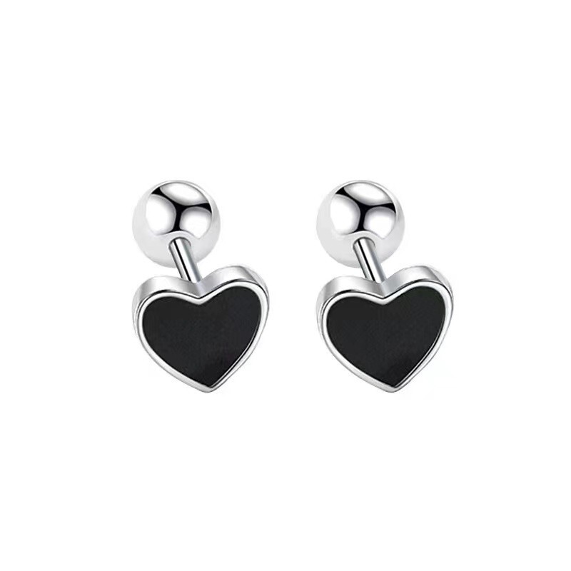 Women’s Silver Black Heart Stud Earrings Surgical Steel Minimalist Jewelry Gift