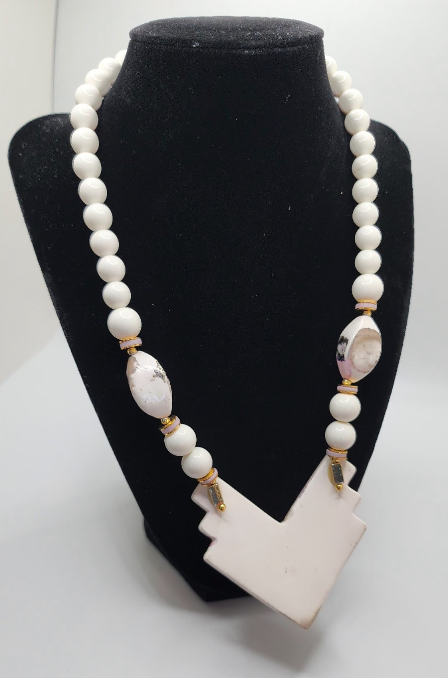 Vtg Necklace Statement Chunky Beads Japan Ceramic Pink White Gray Arrow Pendant