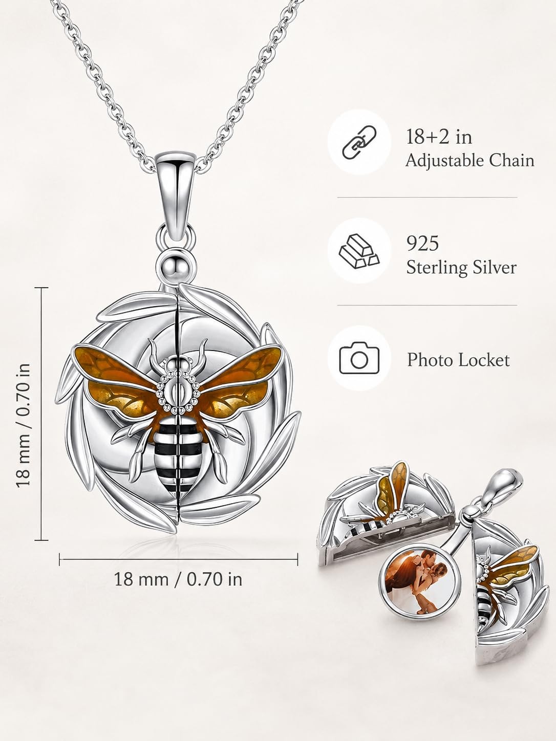 925 Sterling Silver Bee Locket Necklace for Women Memorial Custom Lockets