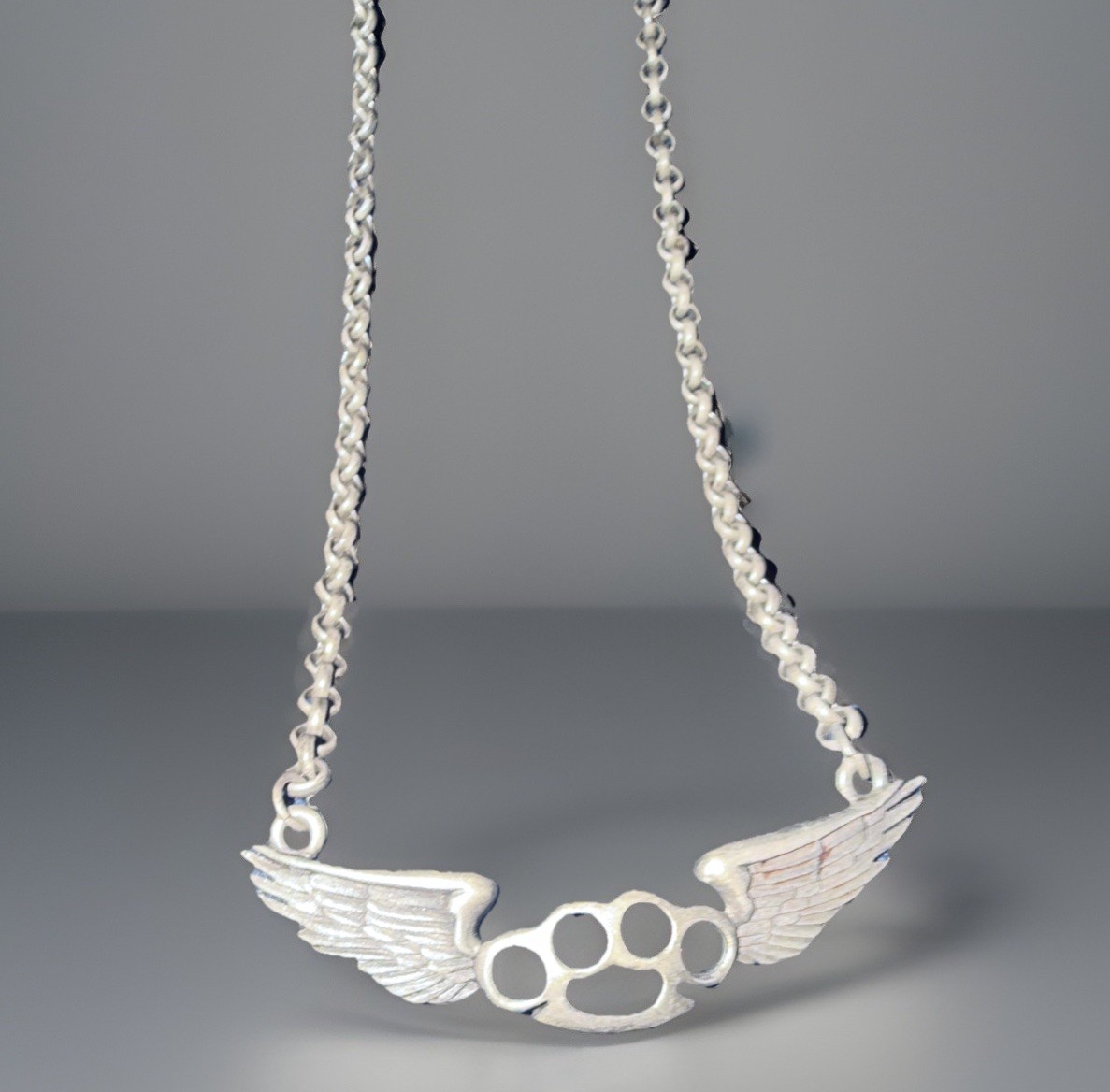 KK pewter Chain Necklace Winged “brass” Knuckle Duster Charm Lobster Clasp