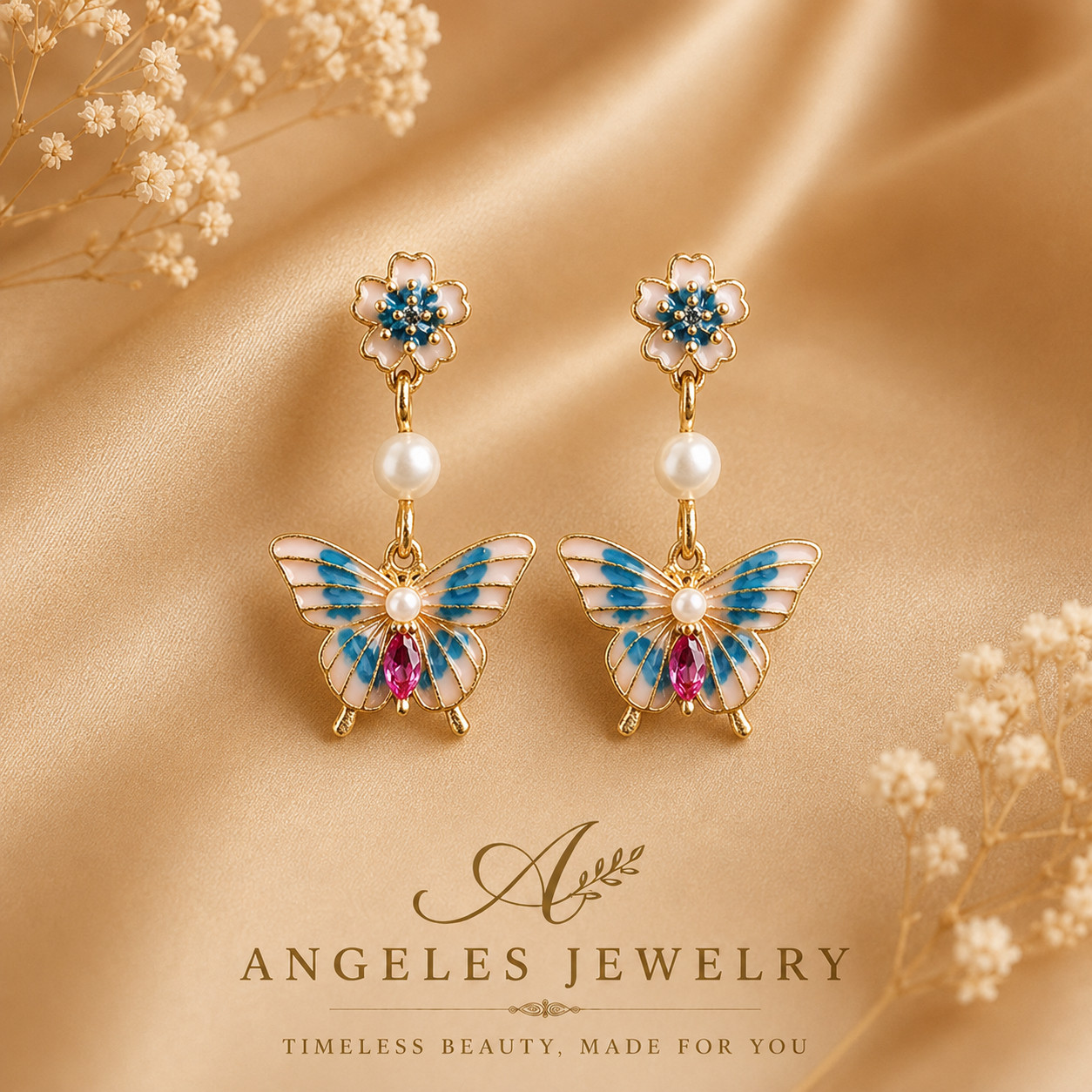 Pearl Gemstone Drop Dangle Earrings Butterfly Flower Bohemian 18K Gold Plated