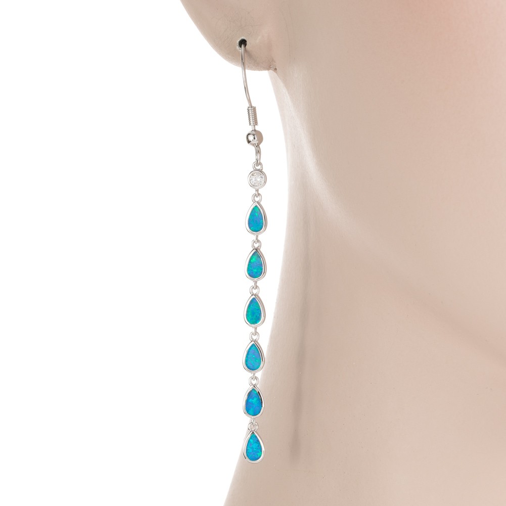 Multi Pear Shape Ocean Blue Fire Opal CZ Silver Jewelry Dangle Drop Earrings