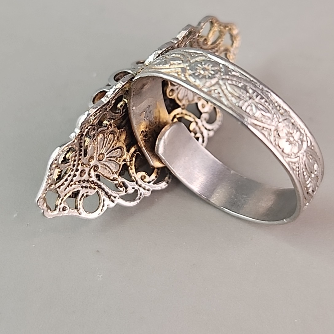 Rhinestone Ring Brown Oval Glass Cream Ambre Silver Tone Adjustable 7