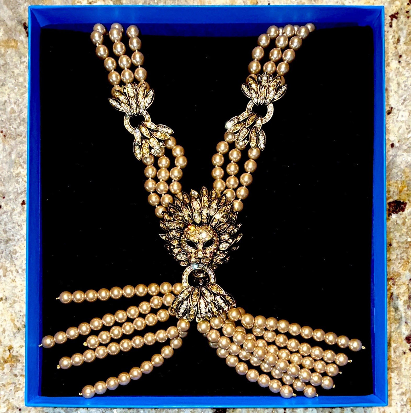 Heidi Daus Cream Faux Pearl Beaded Lion Statement Necklace Crystal Gold Plated