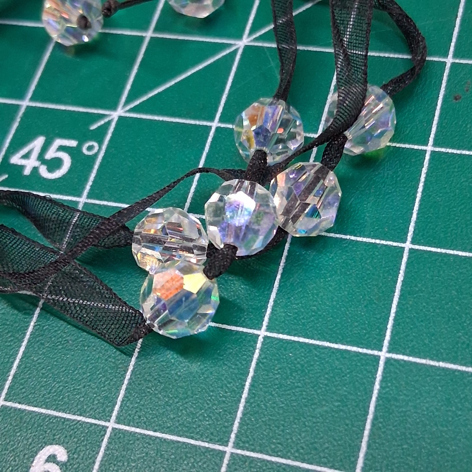 Vintage 3-Tier Clear Faceted AB Rhinestone Bead Black Sheer Ribbon Bracelet