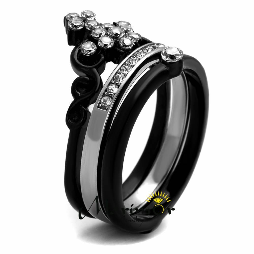 Women’s Black Ion Plated Stainless Steel CZ Crown Wedding Ring Band Set Sz 5-10