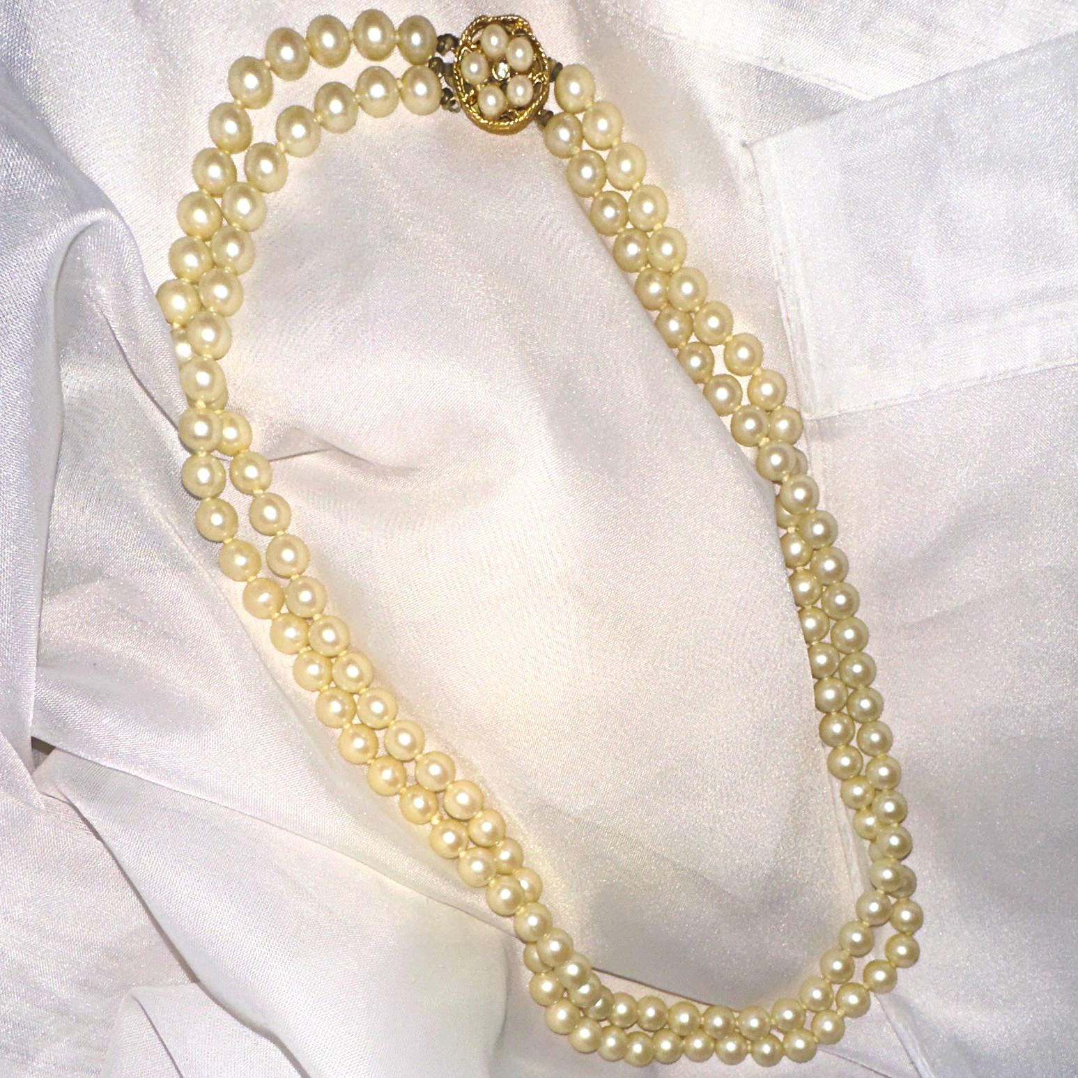 Double Strand Ivory Faux Pearl Beaded Necklace, Gold Tone, Box Clasp, Japan