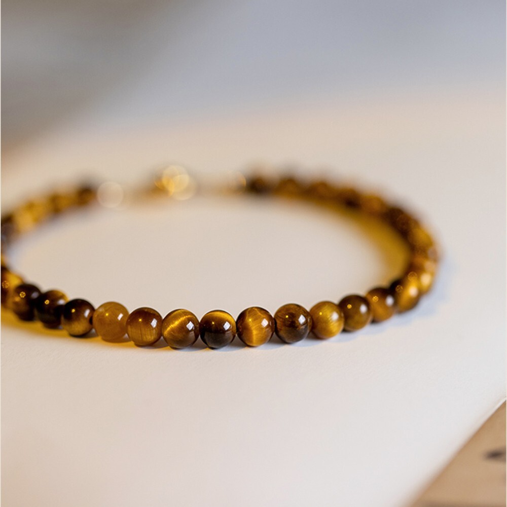 Natural 4mm Tiger’s Eye Stone Dainty Bracelet Brown Gemstone Minimalist Bracelet