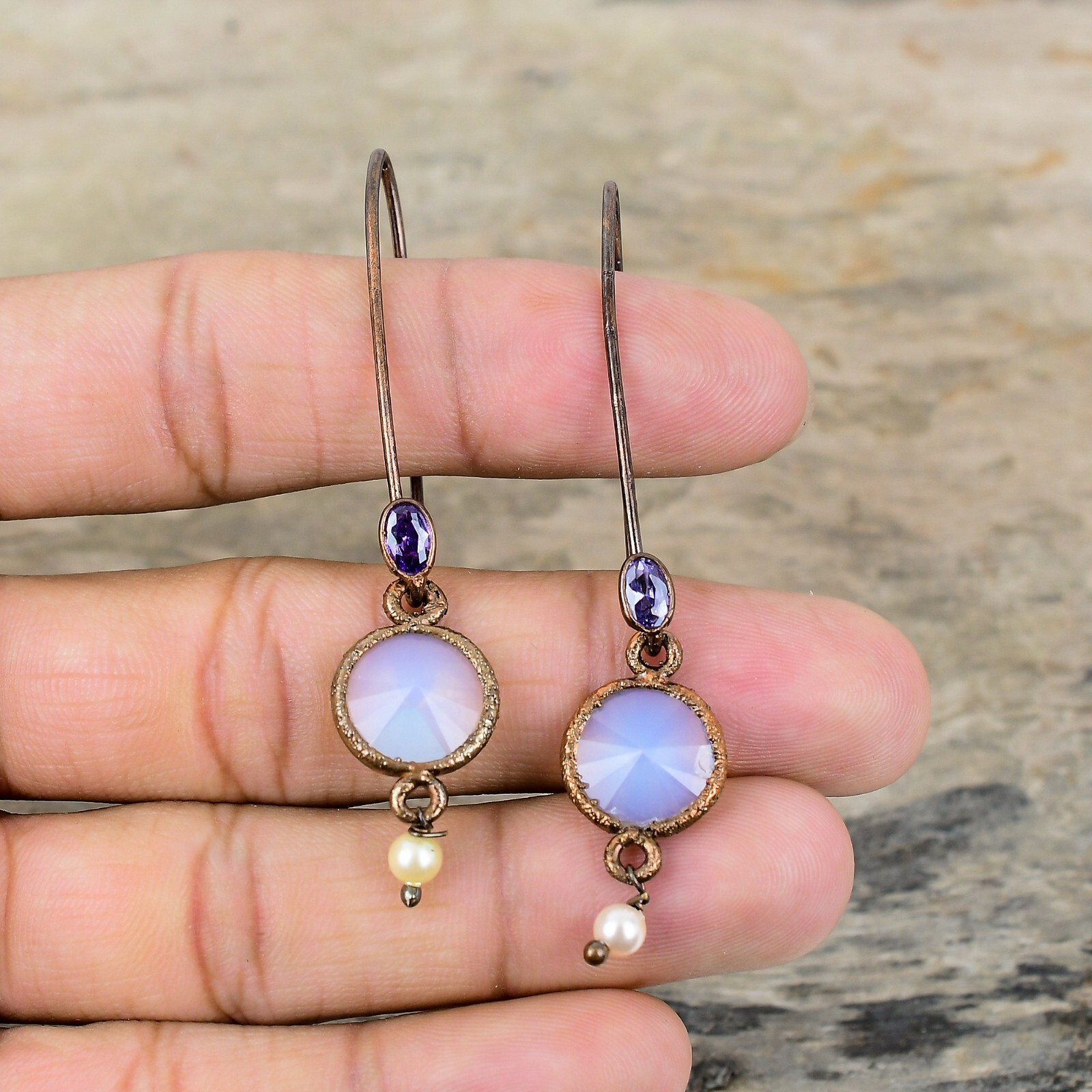 Natural Milky Opal African Amethyst Hook Electroformed Dangle Earrings Copper