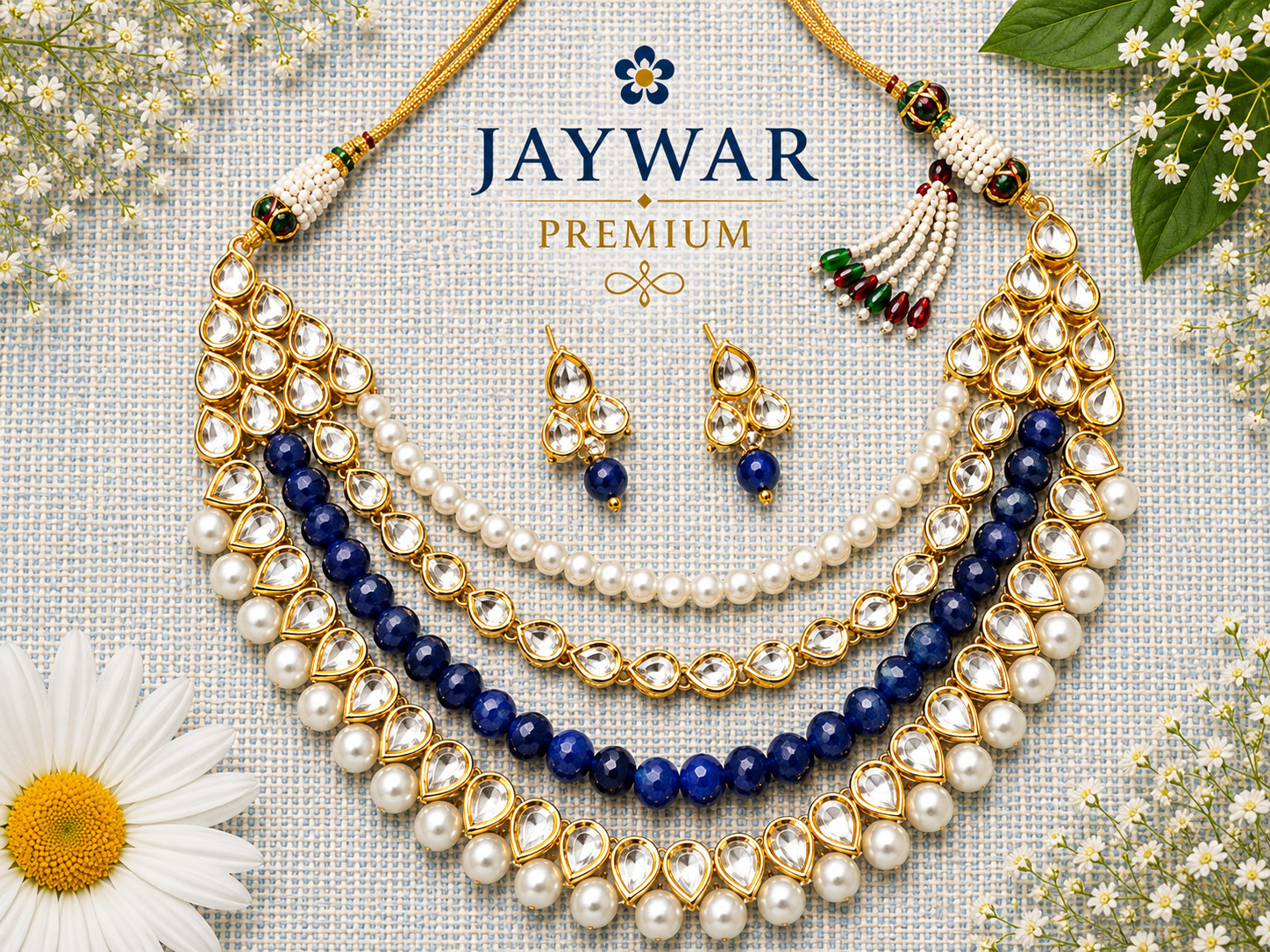 JAYWAR Kundan Layered Pearl Choker Necklace Set Earrings Meenakari Bridal