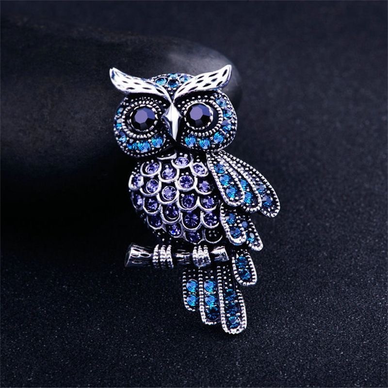 Vintage Blue Purple Rhinestone Owl Brooch Crystal Lapel Pin Women Dress Scarf Je