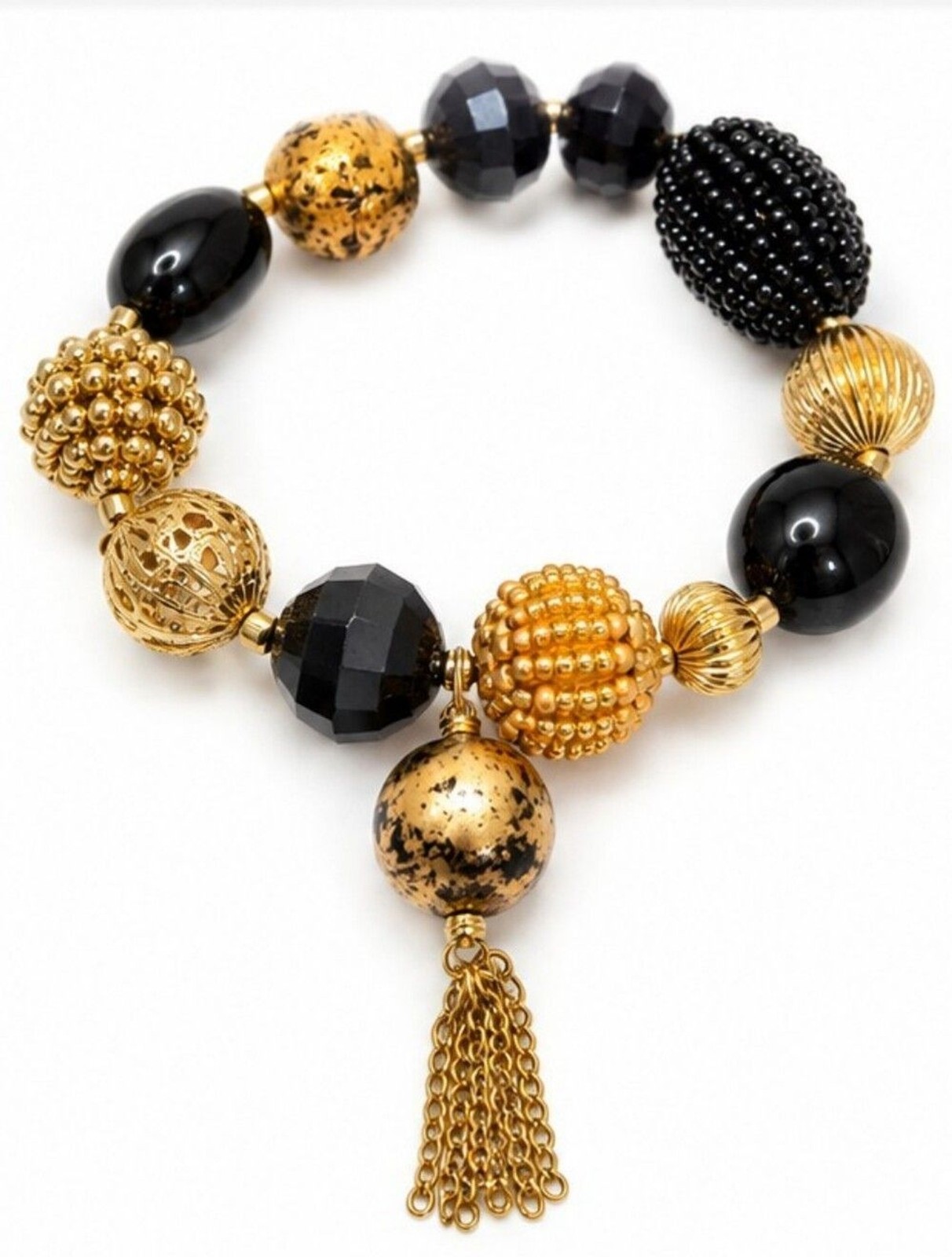 Boutique Black Gold Tone Beaded Bracelet 7″ Glass Acrylic Tassel Statement Boho