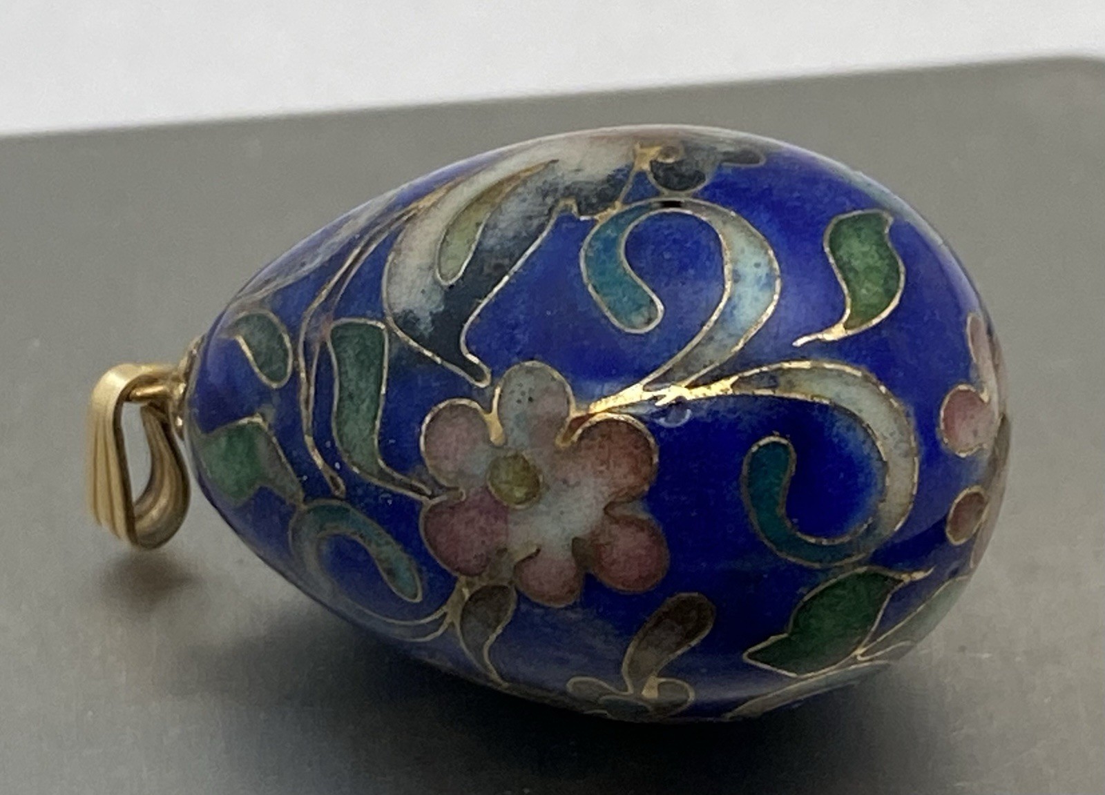 Pendant Cloisonne Egg Shape Blue w/ Butterfly Gold Color Bail 1 1/4″