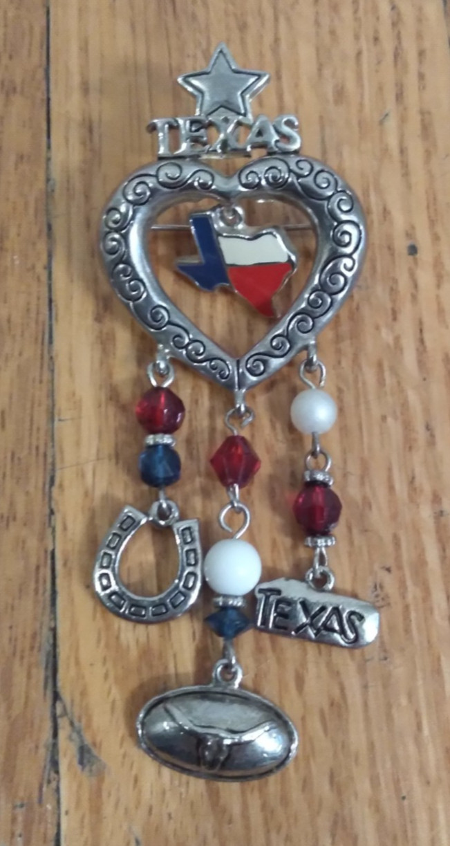 Texas Brooch Pendant 3.5in Heart Star Horse Shoe Silver Tone Red Blue White