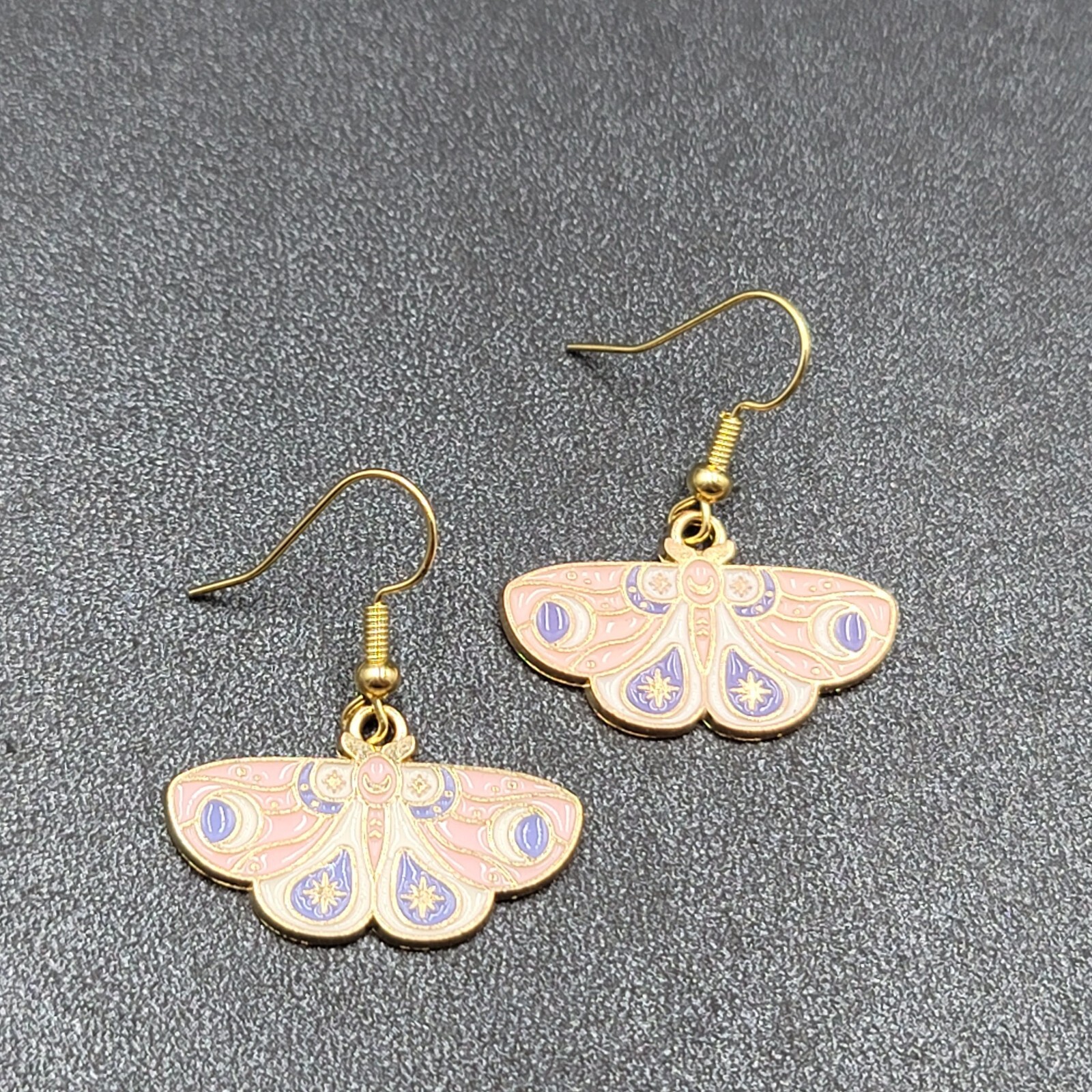 Moth Pierced Earrings Gold tone Pink Purple White Enamel Dangle 5/8″