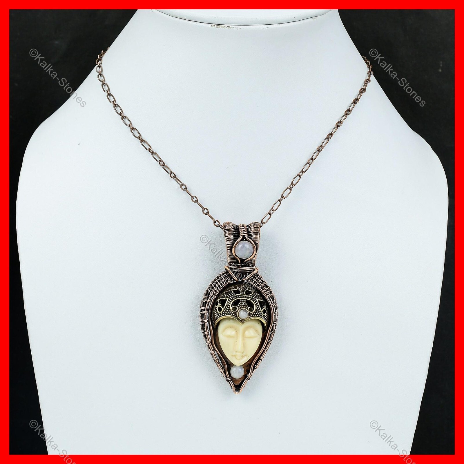 Copper Oval White Carved Face Stone Rainbow Moonstone New Wire Wrapped Pendant