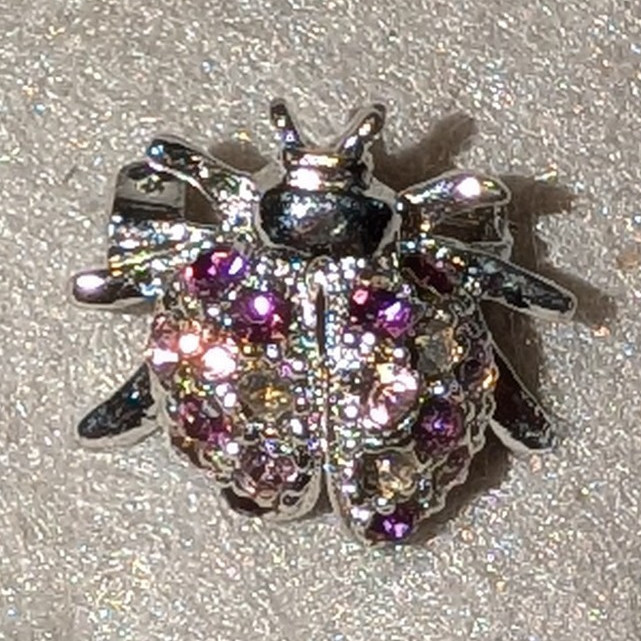 Silver Tone Beetle Brooch Pin, Pink & Clear Round Rhinestone, Animals & Insects
