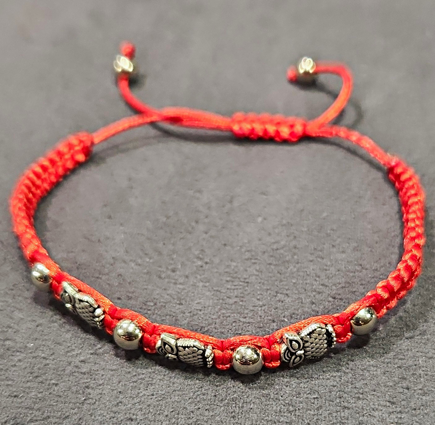 Red Cord Adjustable Slide Bracelet Braided Beaded Style Silver Tone Beads