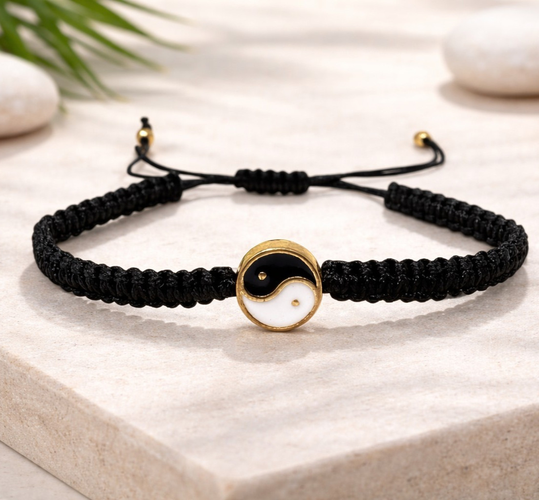 Yin Yang Bracelet Adjustable Black Braided Feng Shui Charm Unisex 5-10in